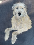 Load image into Gallery viewer, Close-up of hand-embroidered pet portrait showing layered thread detail and realistic shading, stitched onto handmade premium canvas cushion cover