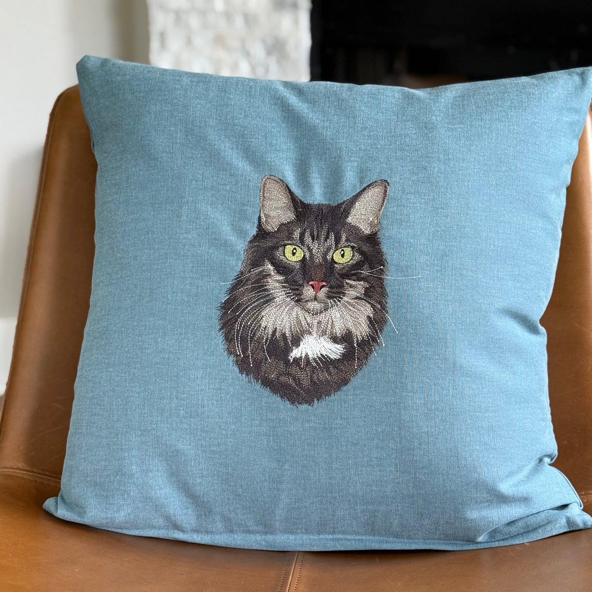 Custom cat pet portrait embroidered pillow cover memorial gift from bark and dwell