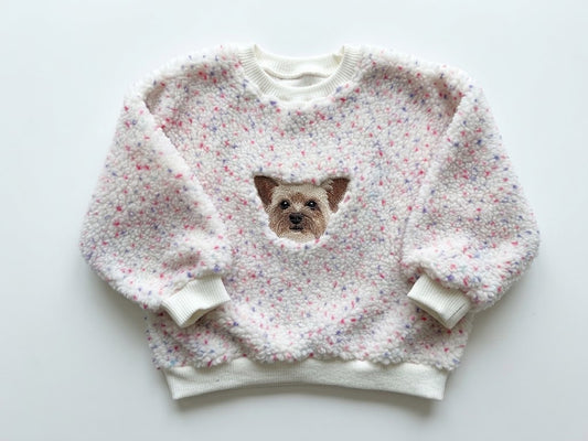 Blush dot kids sweater in plush polyester fleece with an embroidered Yorkie portrait centered on the chest