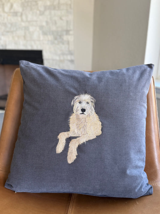 Custom embroidered pet portrait pillow cover featuring a dog face and half body, 40000 stitches in 12 hand-matched thread colors, handmade premium canvas fabric 20x20 inches